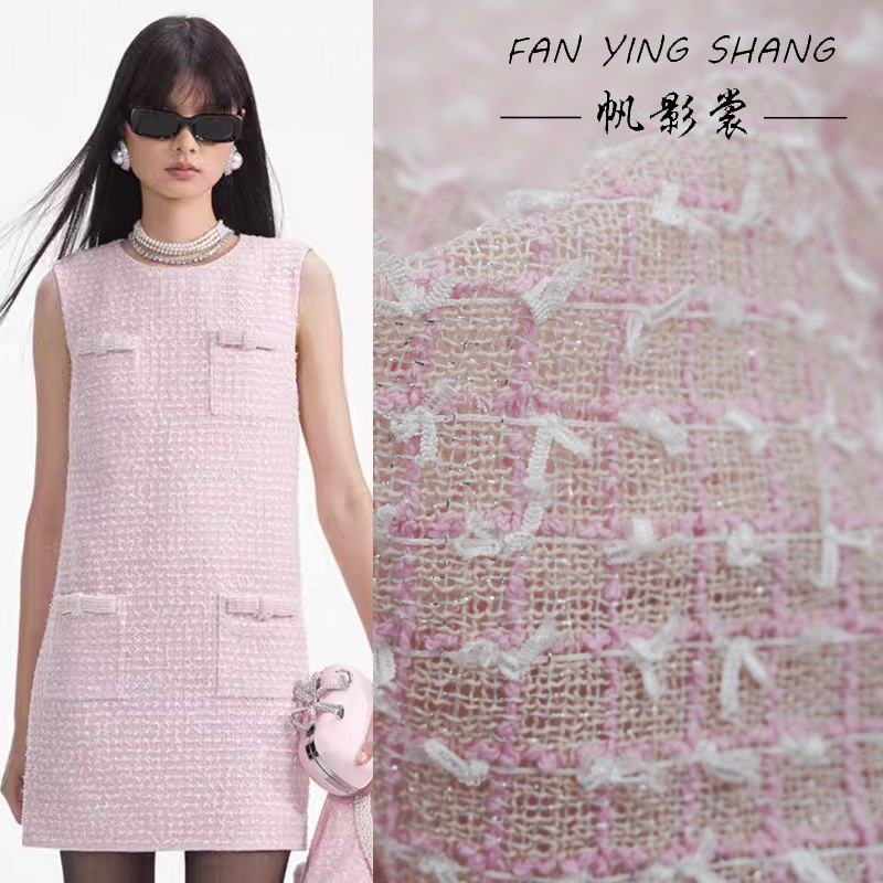 Sewing Tweed - Pink White Plaid Bow Tweed Fabric