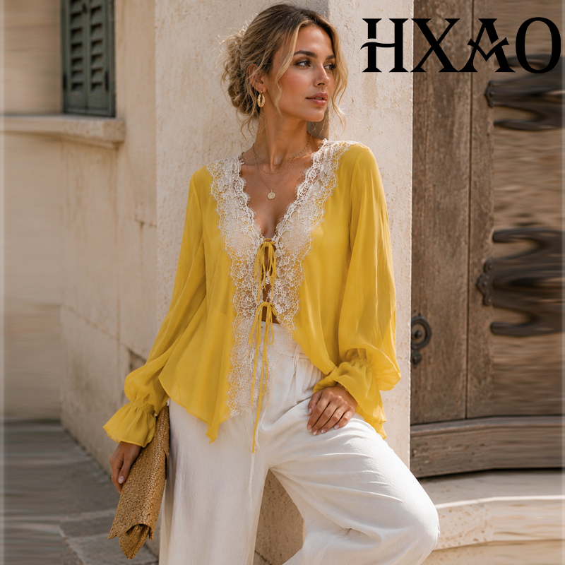 HXAO Ties Lace Up Women's Blou - Sewing V review and price